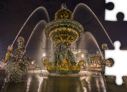 Fontanna Mórz, Fontaine des Mers, Rzeźby, Noc, Place de la Concorde, Plac Zgody, Paryż, Francja
