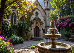 Kościół, Fontanna, Drzewa