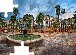 Hiszpania, Barcelona, Fontanna, Hotel Roma Reial, Plac Plaza Real, Palmy