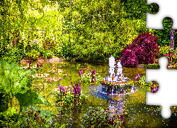 Ogród, Butchart Gardens, Fontanna, Kwiaty, Rośliny, Drzewa, Staw, Brentwood Bay, Vancouver, Kanada