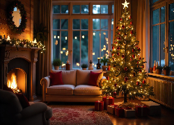 Boże Narodzenie, Pokój, Udekorowana, Choinka, Prezenty, Kominek, Wieniec, Girlandy, Sofa, Okno, AI