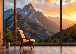 Pokój, Fotel, Wazon, Okno, Widok, Góry, Drzewa, Zachód słońca