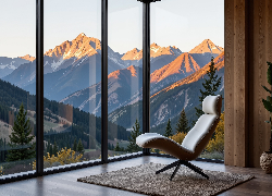 Pokój, Fotel, Okno, Góry, Grafika AI