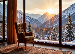 Pokój, Fotel, Okno, Zima, Góry, Słońce, Grafika AI