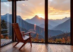 Pokój, Fotel, Okno, Góry, Zachód słońca, Grafika AI