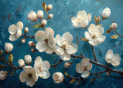 Gałązki, Drzewo owocowe, Białe, Kwiaty, Niebieskie, Tło