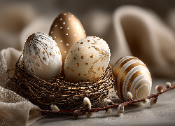 Złote, Pisanki, Gniazdko, Bazie, Wielkanoc, Grafika AI