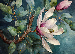Krzew, Gałązka, Kwitnąca, Magnolia, Malarstwo