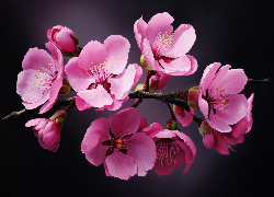 Różowe, Kwiaty, Drzewo owocowe, Tło, Czarne, AI