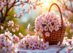Różowe, Drobne, Kwiaty, Wiklinowy, Koszyk, Gałązki