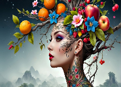 Kobieta, Owoce, Kwiaty, Makijaż, 2D