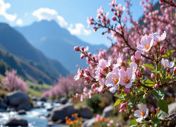 Różowe, Kwiaty, Gałązki, Góry, Niebo, Grafika AI