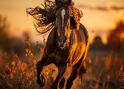 Koń, Galop, Zachód słońca, Grafika