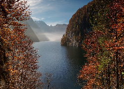 Jesień, Góry, Jezioro, Konigssee, Drzewa, Mgła, Bawaria, Niemcy