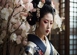 Kobieta, Gejsza, Kimono, Magnolia