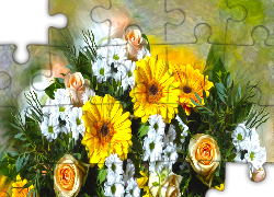 Kwiaty, Gerbery, Róże, Chryzantemy, Bukiet, Grafika