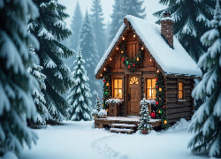 Boże Narodzenie, Zima, Las, Ośnieżone, Drzewa, Dom, Grafika AI