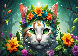 Kot, Wianek, Kwiaty, Grafika