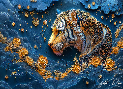 Grafika, Tygrys, Głowa, Kwiaty