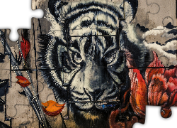 Mural, Głowa, Tygrys, Ściana, Kwiat
