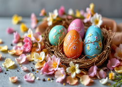 Kolorowe, Jajka, Pisanki, Gniazdo, Płatki, Kwiaty, Wielkanoc