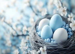 Błękitne, Pisanki, Gniazdo, Wielkanoc, Grafika AI