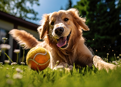 Pies, Golden retriever, Piłka, Zabawa, Grafika