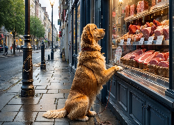 Pies, Golden retriever, Sklep, Mięso, Wystawa, Chodnik, Ulica