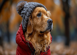 Pies, Czerwona, Kurtka, Czapka, Golden retriever