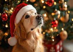Pies, Golden retriever, Czapka, Świętego, Mikołaja, Grafika AI