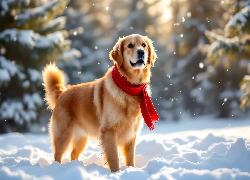 Zima, Pies, Golden retriever, Czerwony, Szalik, Śnieg, Grafika AI