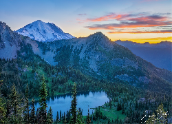Stany Zjednoczone, Waszyngton, Park Narodowy Mount Rainier, Góra, Mount Rainier, Jezioro, Tipsoo Lake, Las, Drzewa, Zachód słońca