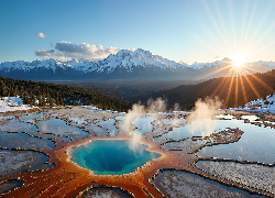 Góry, Szczyty, Gorące źródła, Gejzer, Promienie słońca