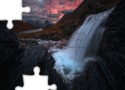 Wodospad, Góry, Wschód słońca, Rzeka, Romsdalen, Norwegia