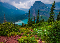 Park Narodowy Glacier, Montana, Stany Zjednoczone, Drzewa, Góry, Jezioro, Grinnell Lake, Rośliny, Chmury