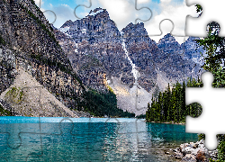 Góry, Las, Świerki, Jezioro Moraine, Park Narodowy Banff, Kanada