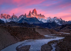 Argentyna, Patagonia, Góry, Andy, Szczyt, Fitz Roy, Wschód słońca, Rzeka, Park Narodowy Los Glaciares