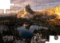 Góry, Jezioro, Cathedral Lake, Skały, Drzewa, Park Narodowy Yosemite, Hrabstwo Mariposa, Kalifornia, Stany Zjednoczone