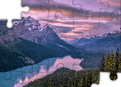 Zachód słońca, Góry, Jezioro, Peyto Lake, Park Narodowy Banff, Prowincja Alberta, Kanada