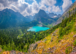 Stany Zjednoczone, Montana, Park Narodowy Glacier, Góry Skaliste, Jezioro St Mary, Las, Drzewa, Chmury