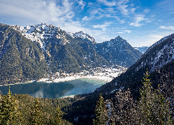 Zima, Góry, Jezioro, Achensee, Drzewa, Dolina, Achental, Tyrol, Austria