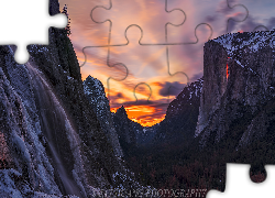 Park Narodowy Yosemite, Góry, Las, Zachód słońca, Stan Kalifornia, Stany Zjednoczone
