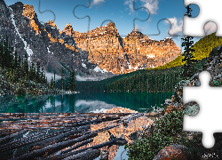Jezioro, Moraine Lake, Kłody, Góry, Las, Drzewa, Park Narodowy Banff, Alberta, Kanada