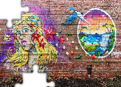 Ściana, Kobieta, Ptak, Street art