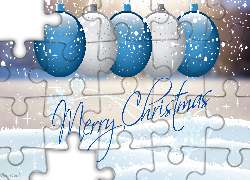 Zima, Śnieg, Białe, Niebieskie, Bombki, Życzenia, Merry Christmas, Boże Narodzenie, Grafika