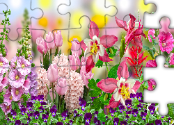 Kwiaty, Tulipany, Malwy, Hiacynty, Orliki, Grafika