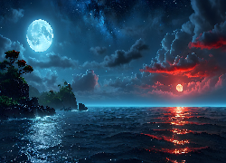 Grafika, Morze, Noc, Księżyc, Chmury