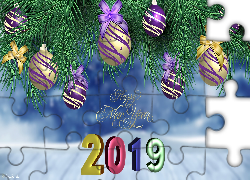 Nowy Rok, 2019, Bombki, Gałązki, Świerk, Grafika