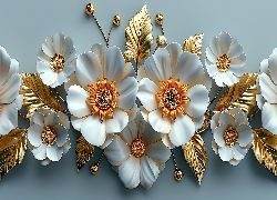 Grafika, Białe, Kwiaty, Złote, Listki