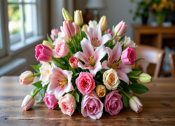 Kwiaty, Róże, Lilie, Tulipany, Bukiet, Stół, Okno, AI